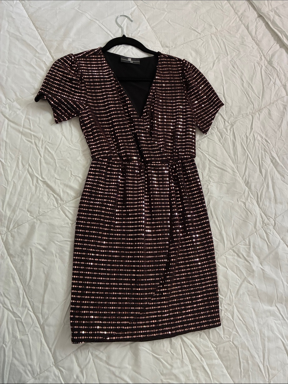 Short Sleeve Wrap Mini Dress in Black with Rose-Gold Sequins
